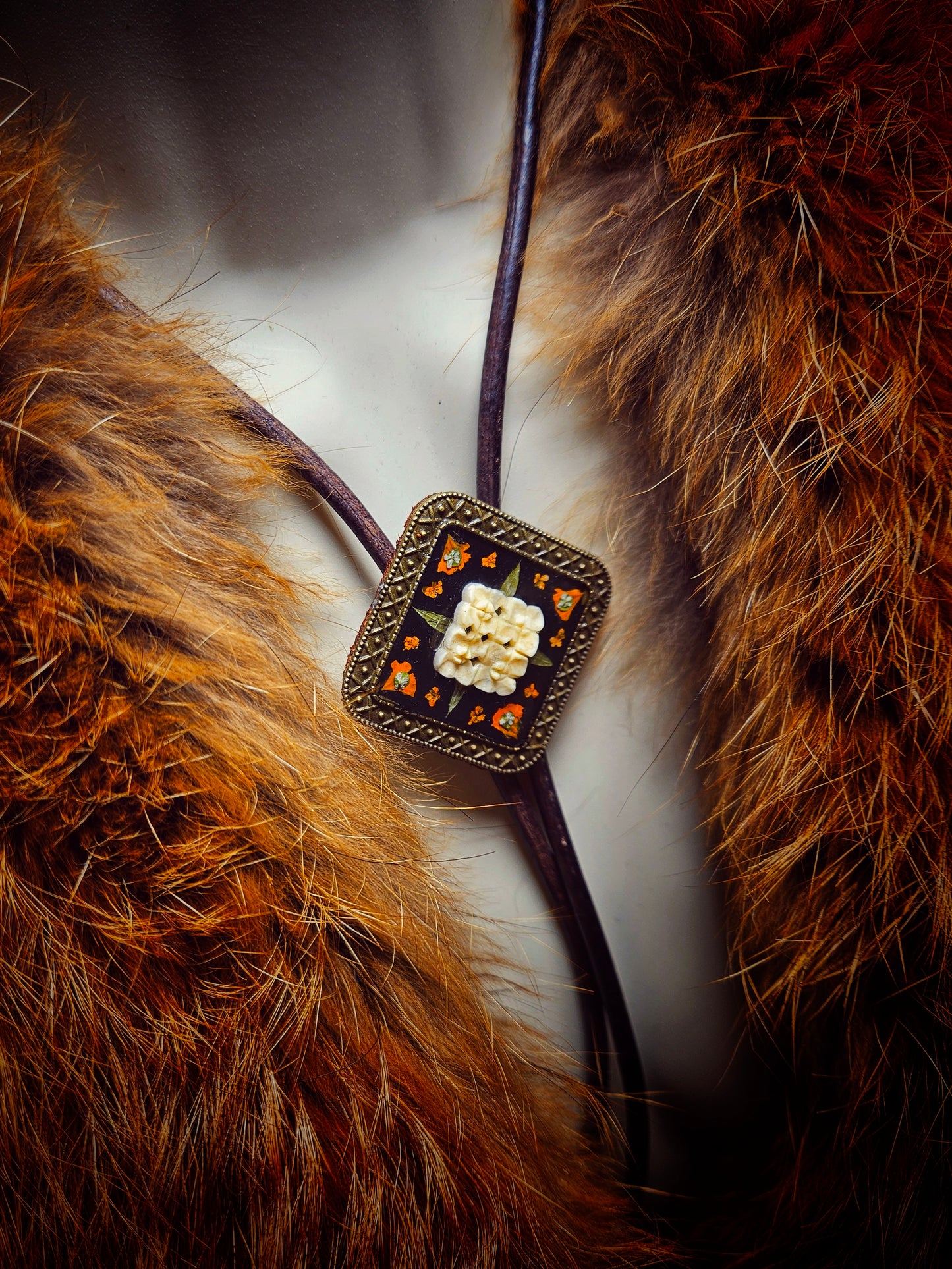 Large Carved Bone & Pressed Flower Bolo