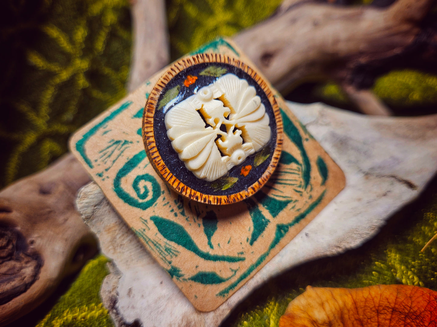 Carved Bone on Wood Pin