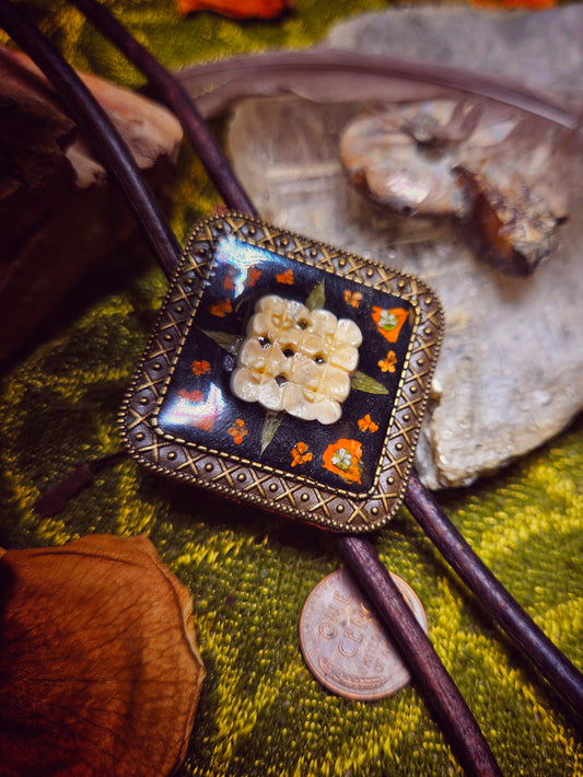 Large Carved Bone & Pressed Flower Bolo