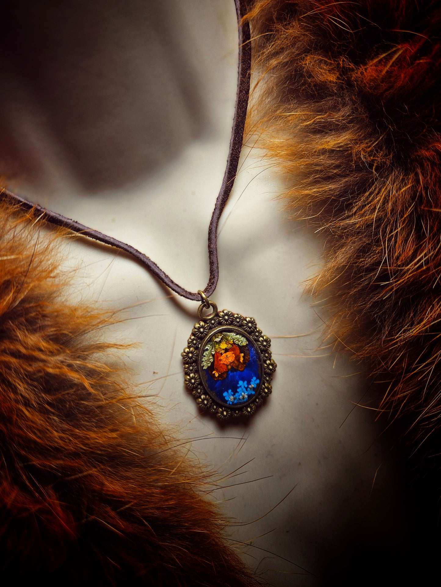 Blue & Coral Pressed Flower Necklace