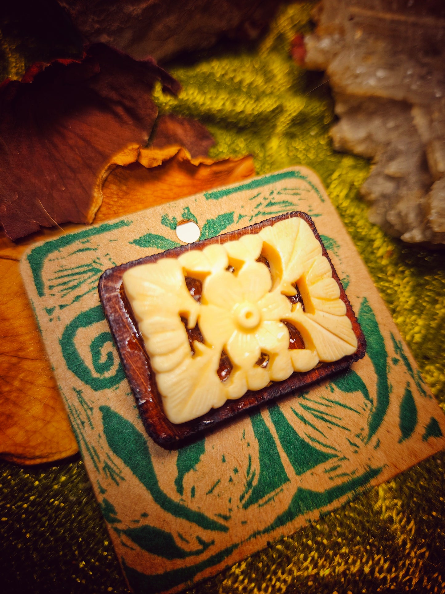 Carved Bone and Burnt Wood Pin